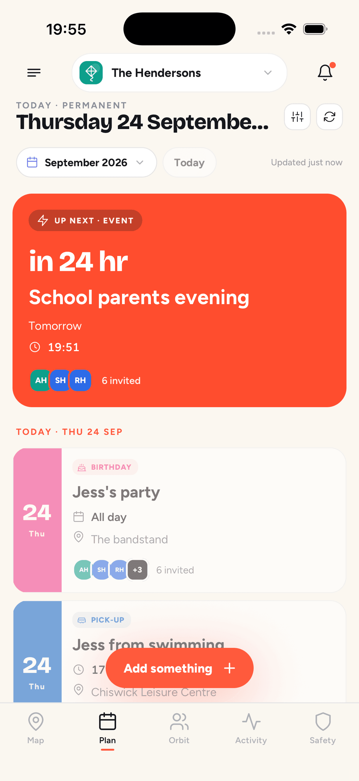 Orbily Plan tab with family appointments and upcoming events